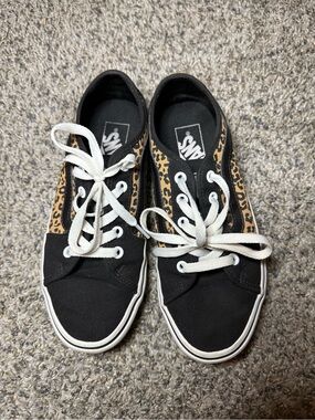 Vans Women’s Black Canvas Sneakers with Leopard Panels